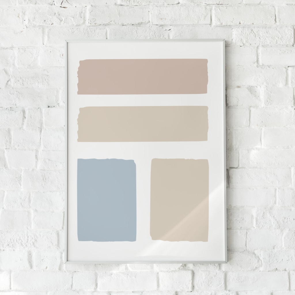 Minimalistisk plakat med abstrakte blokke i rosa