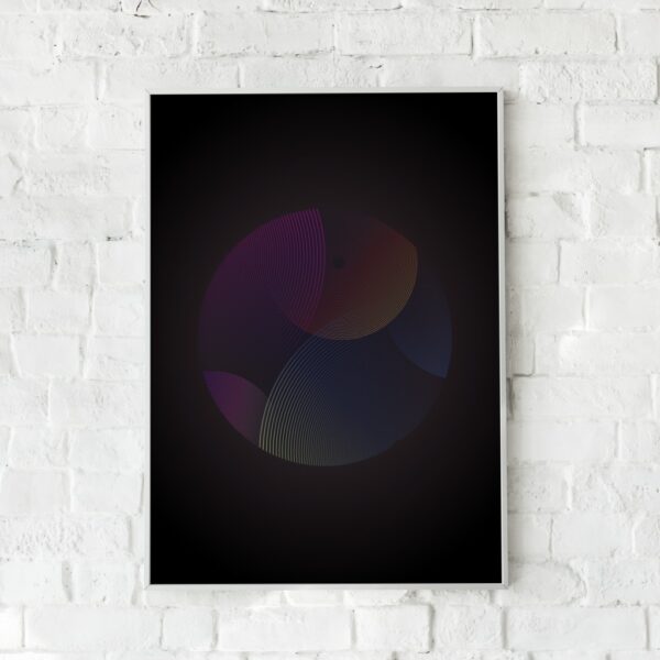 Geometrisk plakat med cirkulære mønstre i mørke nuancer.
