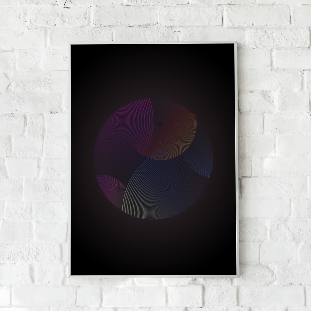 Geometrisk plakat med cirkulære mønstre i mørke nuancer.