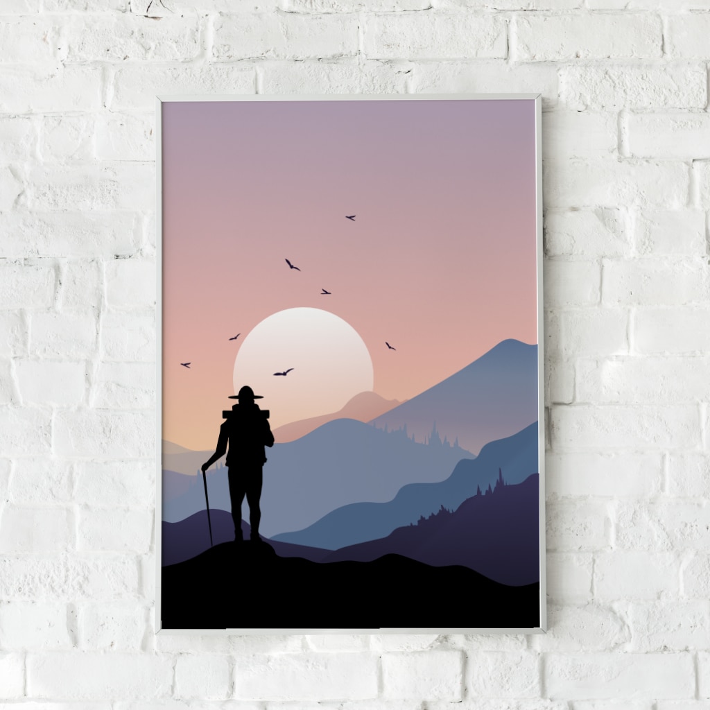 Plakat med en silhuet af en rejsende foran en stor sol.