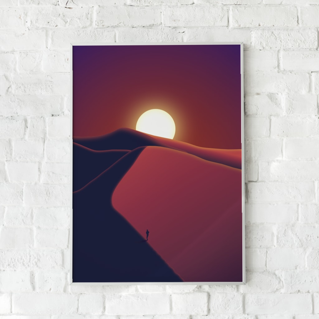 Inspirerende plakat med en ensom figur på en bjergtop i varme røde og violette nuancer.
