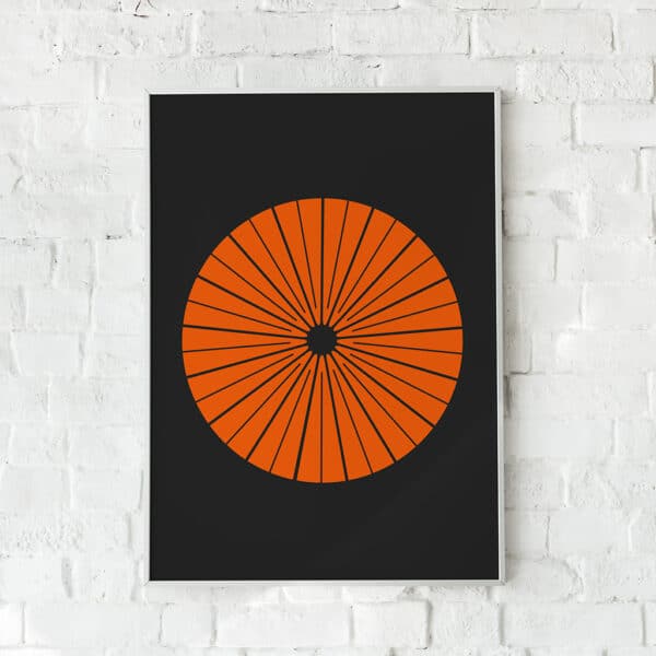 Grafisk plakat med strålende orange linjer på sort baggrund – "COASTING".