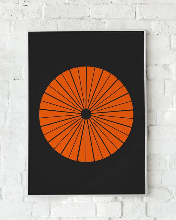 Grafisk plakat med strålende orange linjer på sort baggrund – "COASTING".