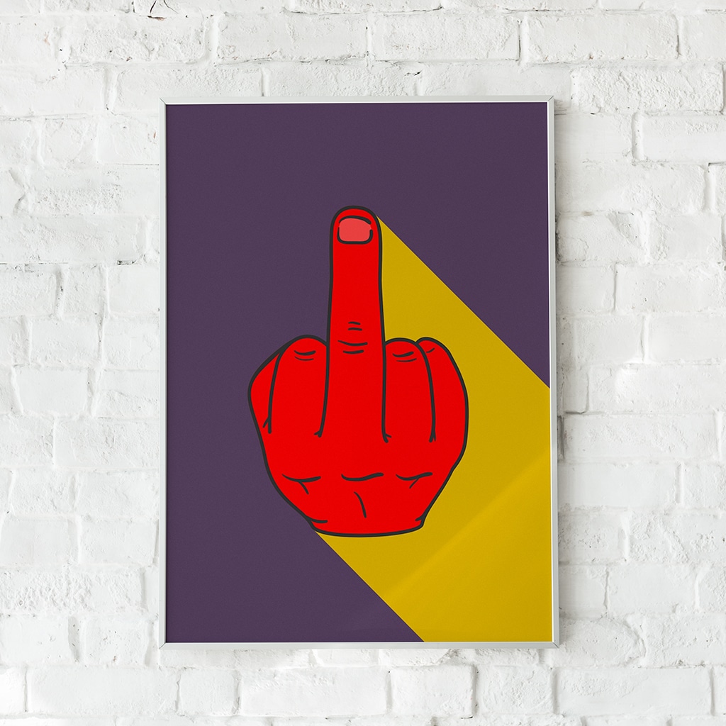 Provokerende plakat med en rød fuckfinger på en lilla baggrund. En humoristisk og selvironisk statement-plakat.