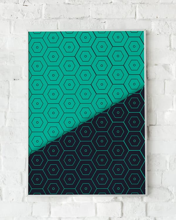 Plakat med geometriske hexagoner i gradienter af blåt.