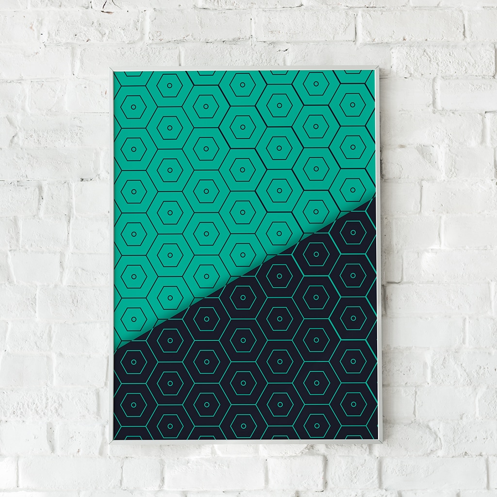 Plakat med geometriske hexagoner i gradienter af blåt.