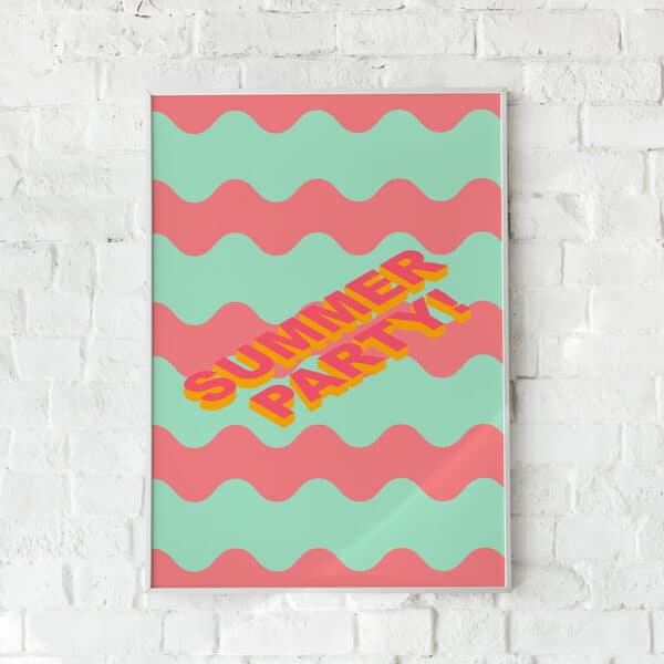 Retro-inspireret plakat med bølgende linjer og levende farver.