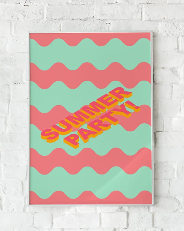 Retro-inspireret plakat med bølgende linjer og levende farver.