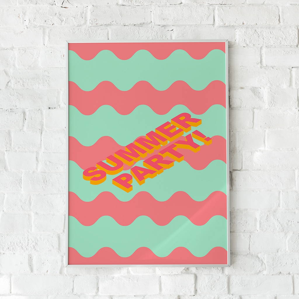 Retro-inspireret plakat med bølgende linjer og levende farver.