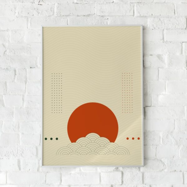 Japansk-inspireret plakat med en stor sol og bølgende linjer.