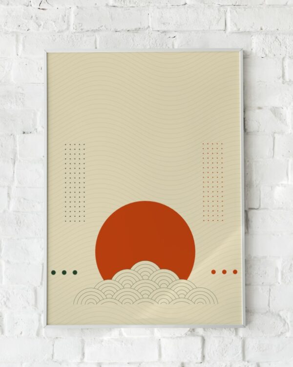 Japansk-inspireret plakat med en stor sol og bølgende linjer.