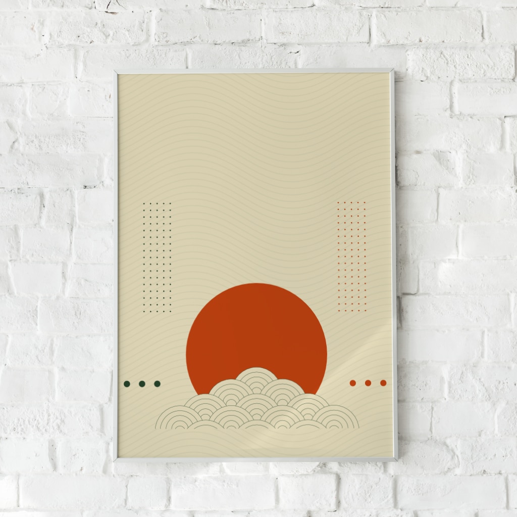 Japansk-inspireret plakat med en stor sol og bølgende linjer.