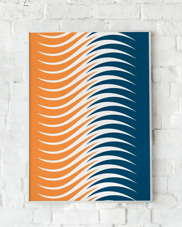 Abstrakt plakat med bølgende linjer i orange og blå nuancer.