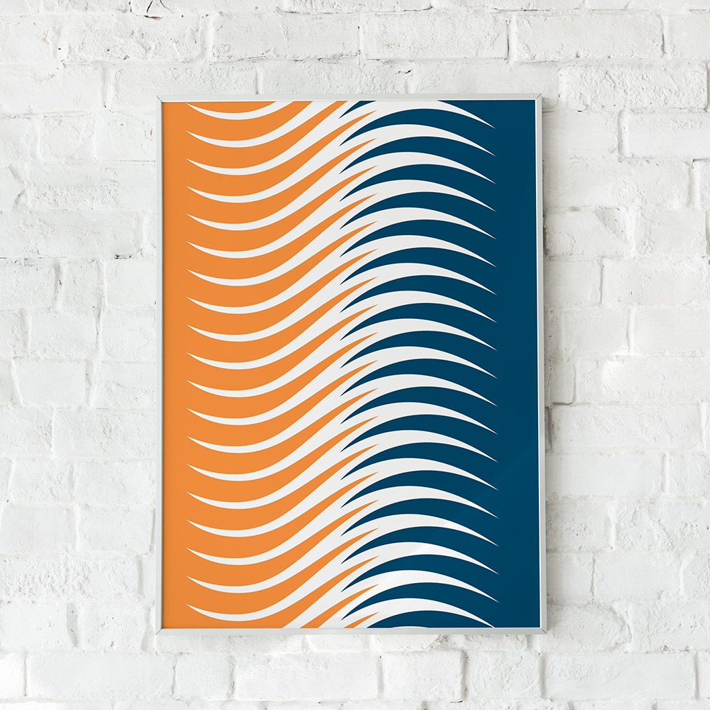 Abstrakt plakat med bølgende linjer i orange og blå nuancer.