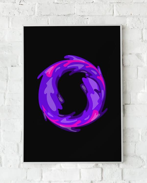 Kunstnerisk plakat med abstrakte lilla og pink farvestænk på sort baggrund.