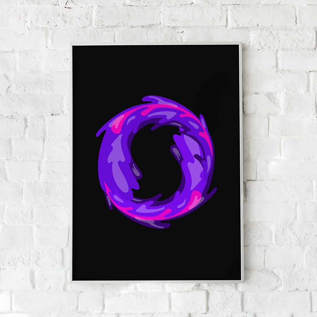 Kunstnerisk plakat med abstrakte lilla og pink farvestænk på sort baggrund.