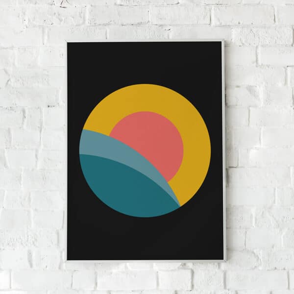 Minimalistisk plakat med en stor gul sol og bløde