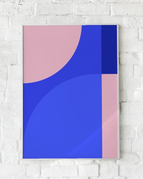 Abstrakt plakat med blå og laksefarvede farveblokke – "Blue with Some Salmon".