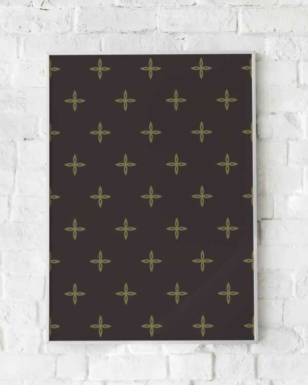 Plakat med et gentagende geometrisk mønster i olivengrønne toner på mørk baggrund.