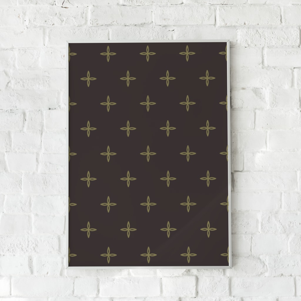 Plakat med et gentagende geometrisk mønster i olivengrønne toner på mørk baggrund.
