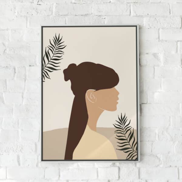 Minimalistisk plakat med en kvindesilhuet og planteillustrationer.