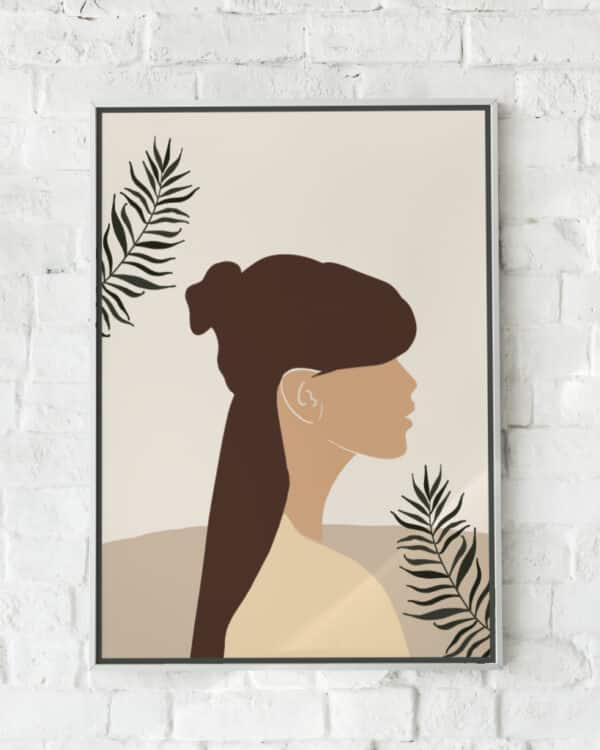 Minimalistisk plakat med en kvindesilhuet og planteillustrationer.