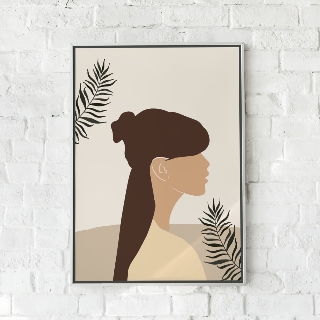 Minimalistisk plakat med en kvindesilhuet og planteillustrationer.