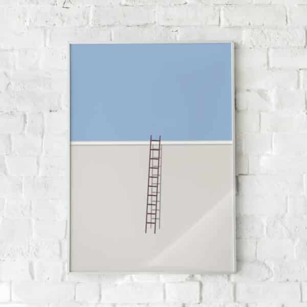 Minimalistisk plakat med en væg og en stige opad.