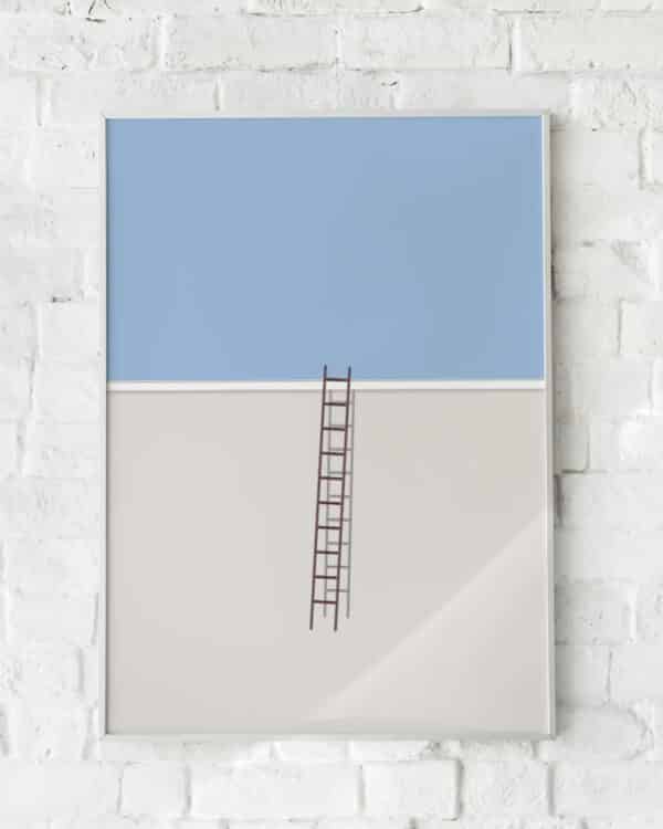 Minimalistisk plakat med en væg og en stige opad.