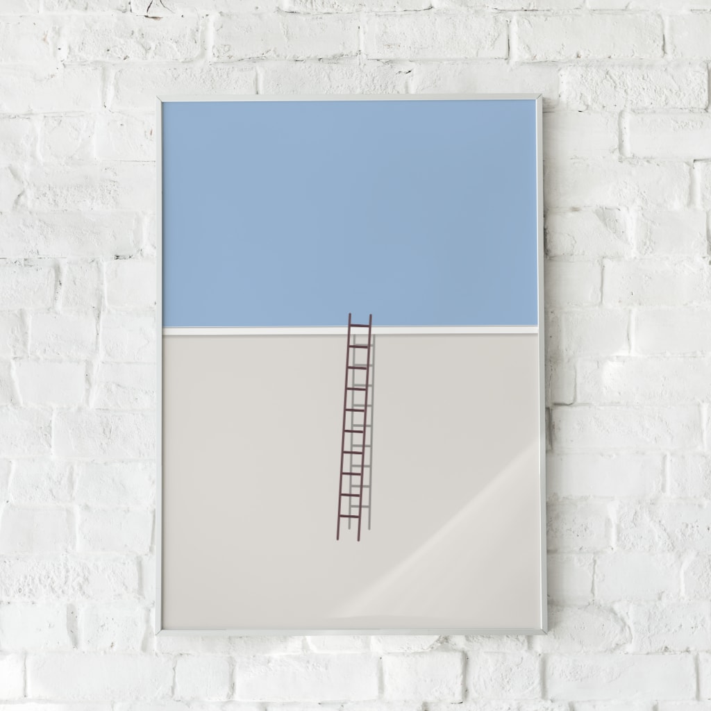 Minimalistisk plakat med en væg og en stige opad.