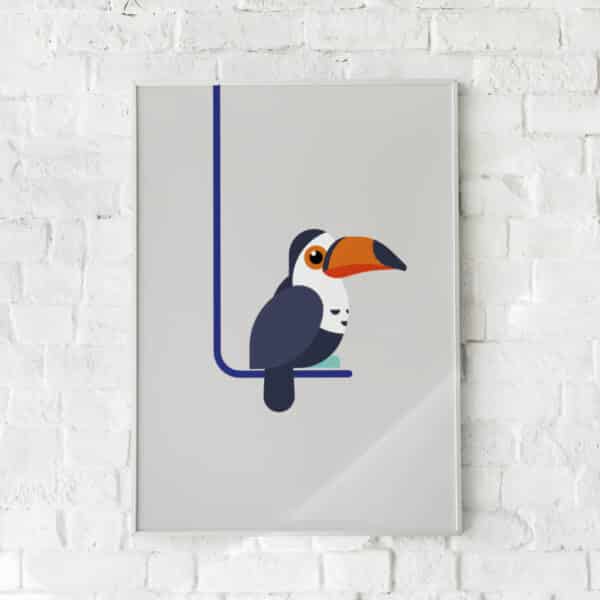 Farverig plakat med en stiliseret tukan på gren.