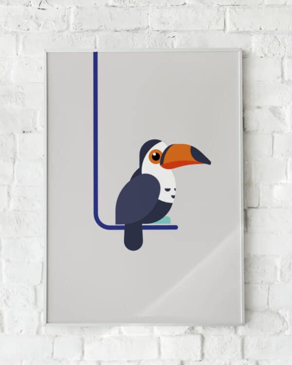 Farverig plakat med en stiliseret tukan på gren.
