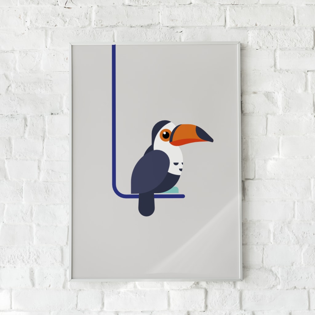 Farverig plakat med en stiliseret tukan på gren.