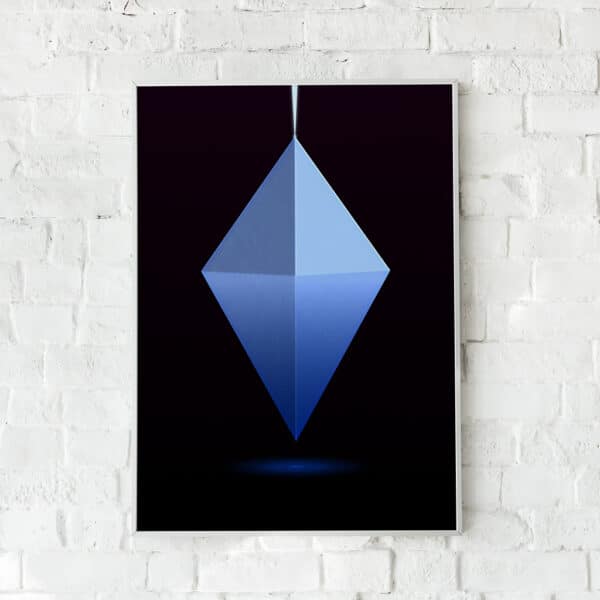 Minimalistisk plakat med en lysende diamantform på en sort baggrund.