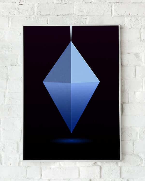 Minimalistisk plakat med en lysende diamantform på en sort baggrund.