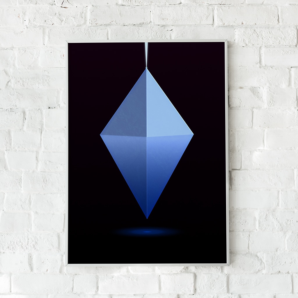 Minimalistisk plakat med en lysende diamantform på en sort baggrund.