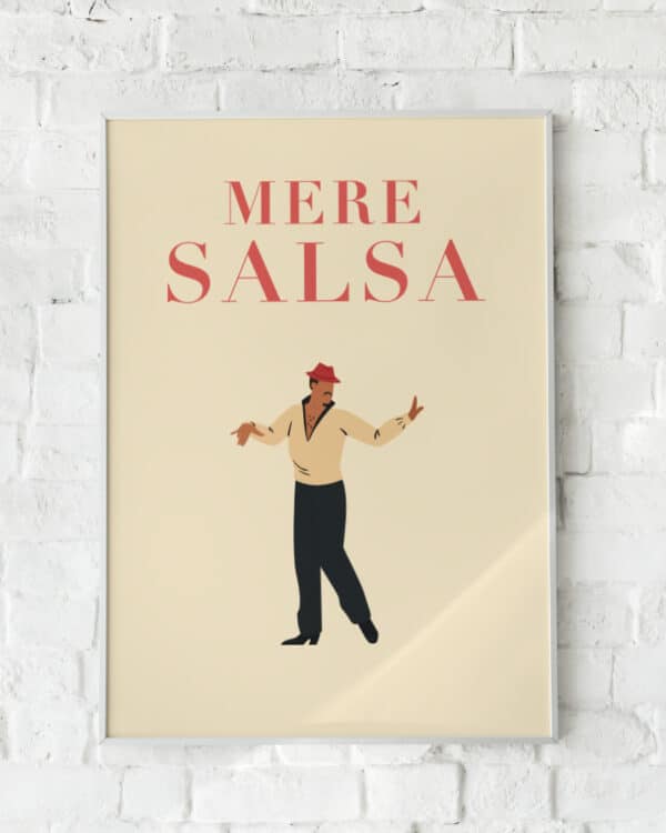 Plakat med en stiliseret salsadanser i rød hat på beige baggrund.