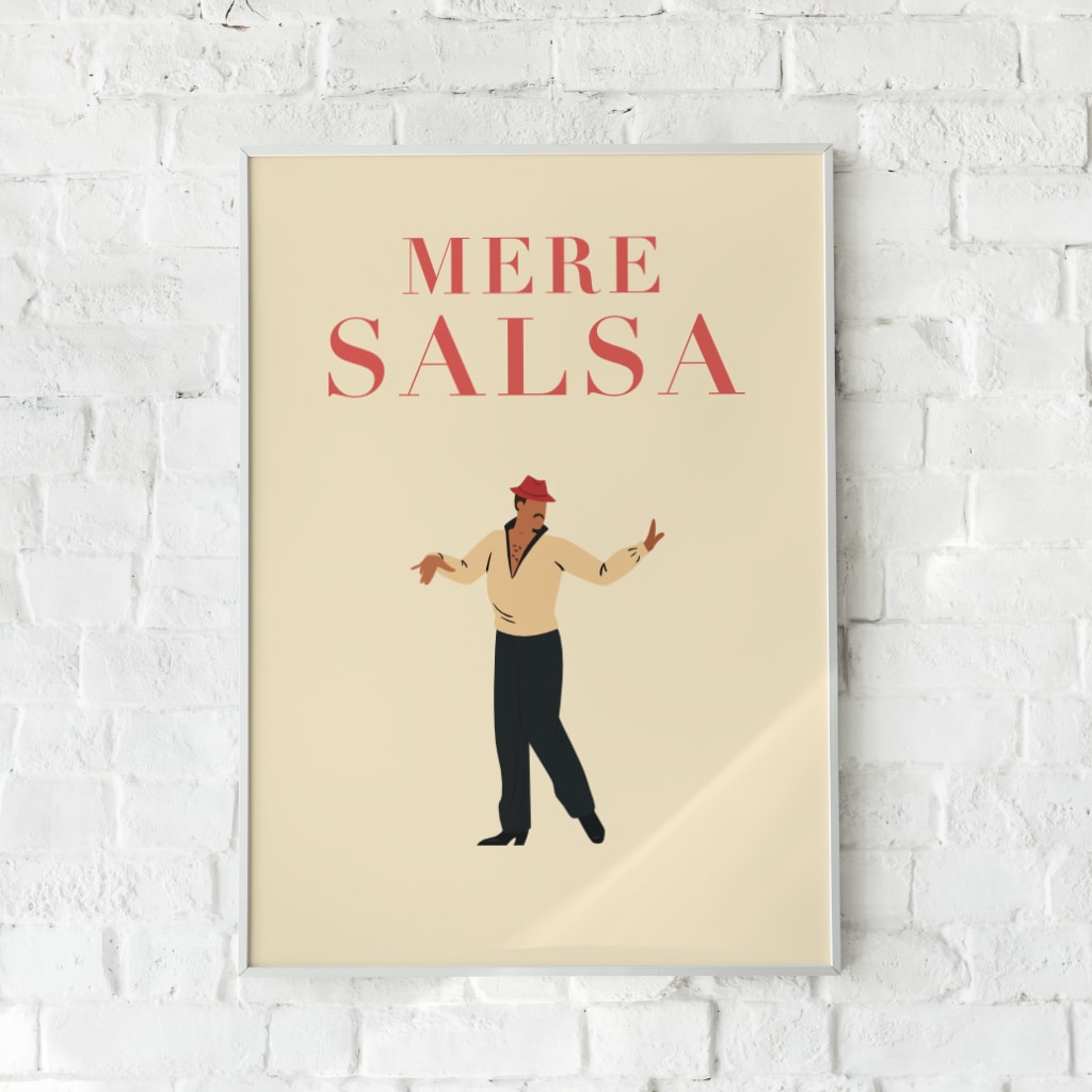 Plakat med en stiliseret salsadanser i rød hat på beige baggrund.
