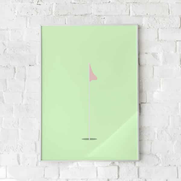 Minimalistisk golfplakat med pink flag på mintgrøn baggrund – "19th Hole". En stilfuld sportsplakat.