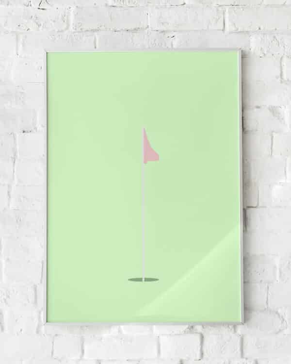 Minimalistisk golfplakat med pink flag på mintgrøn baggrund – "19th Hole". En stilfuld sportsplakat.