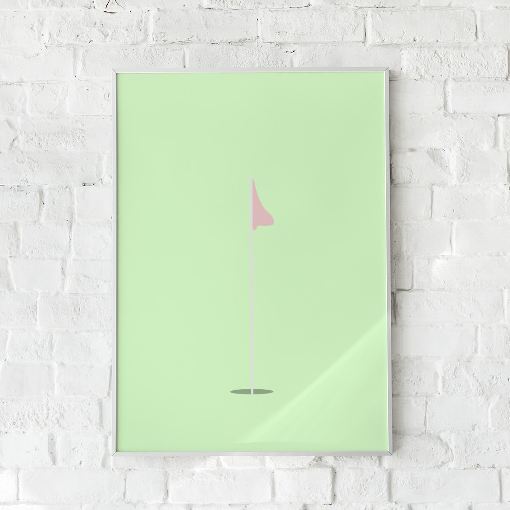 Minimalistisk golfplakat med pink flag på mintgrøn baggrund – "19th Hole". En stilfuld sportsplakat.