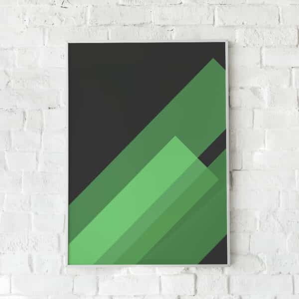 Geometrisk plakat med skrå linjer i grønne nuancer – "45 Degree". En moderne og stilren vægdekoration.