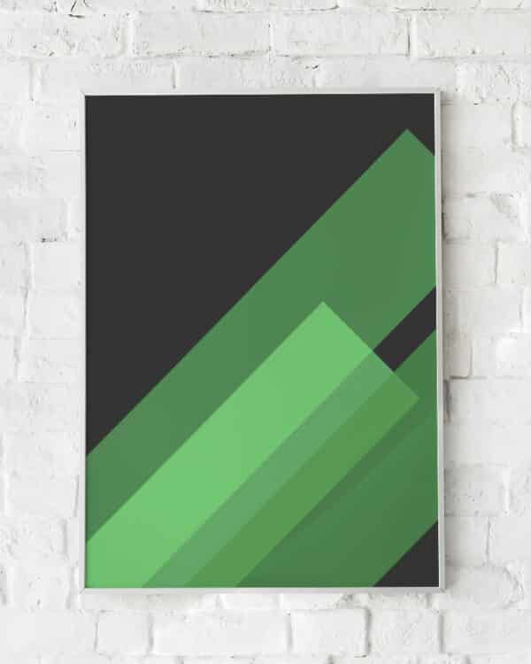 Geometrisk plakat med skrå linjer i grønne nuancer – "45 Degree". En moderne og stilren vægdekoration.