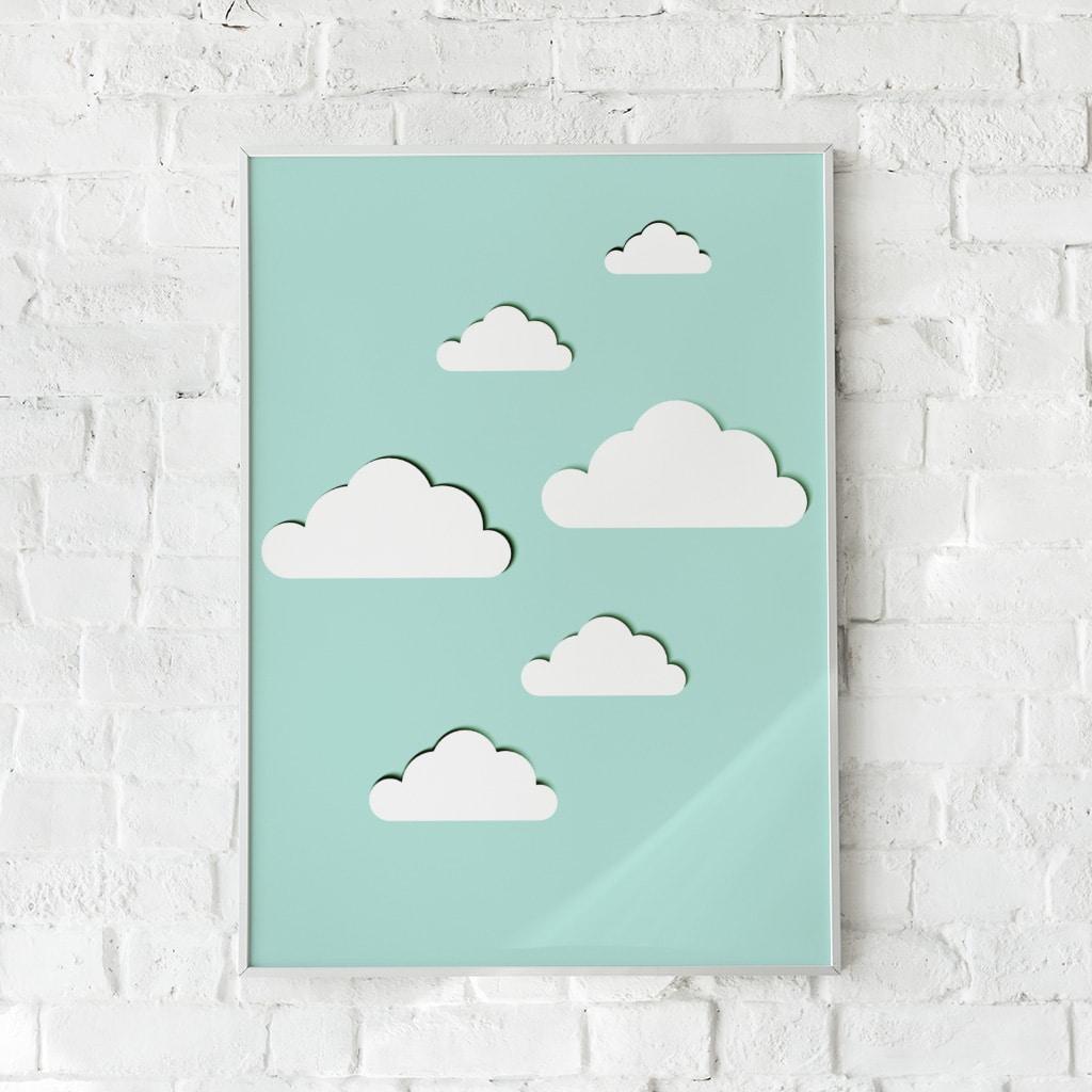 Minimalistisk plakat med hvide skyer på himmelblå baggrund – "A Sky Full of Clouds". En beroligende og drømmende vægdekoration.