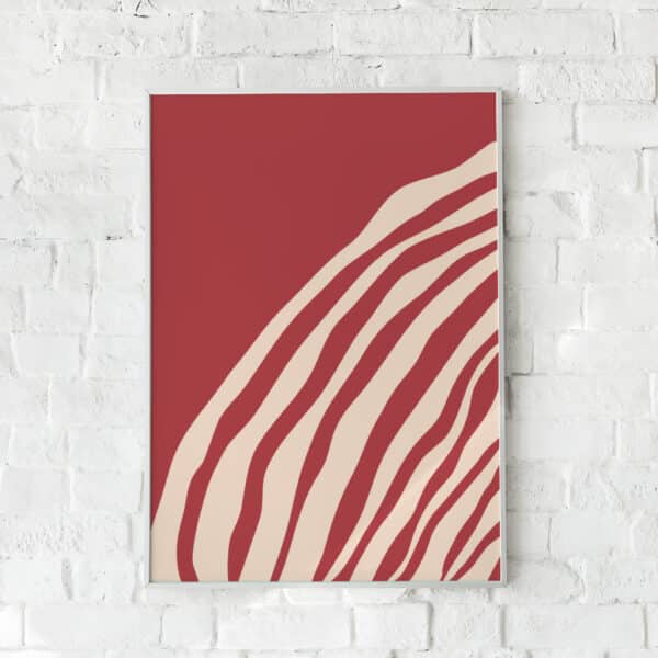 Abstrakt plakat med flydende linjer i varme røde nuancer – "A Tear in Red". En kunstnerisk vægdekoration.