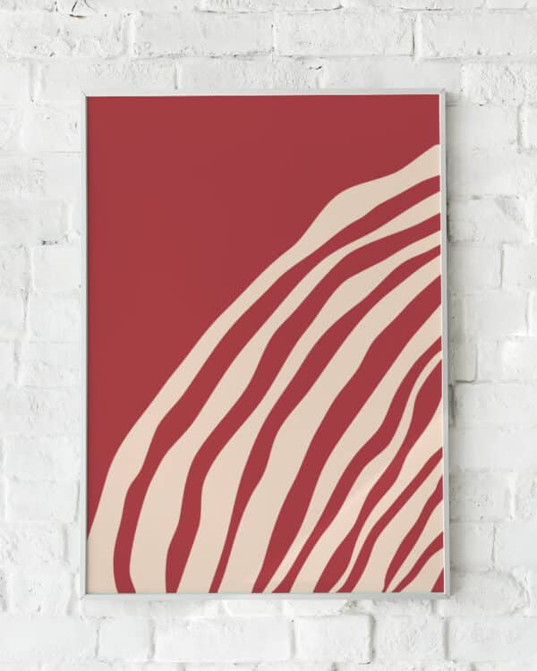 Abstrakt plakat med flydende linjer i varme røde nuancer – "A Tear in Red". En kunstnerisk vægdekoration.
