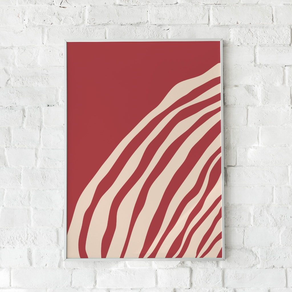 Abstrakt plakat med flydende linjer i varme røde nuancer – "A Tear in Red". En kunstnerisk vægdekoration.