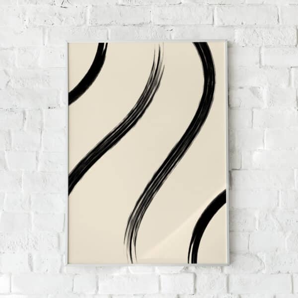 Minimalistisk plakat med sorte penselstrøg på beige baggrund – "Abstract Shapes No. 2". En kunstnerisk vægdekoration.