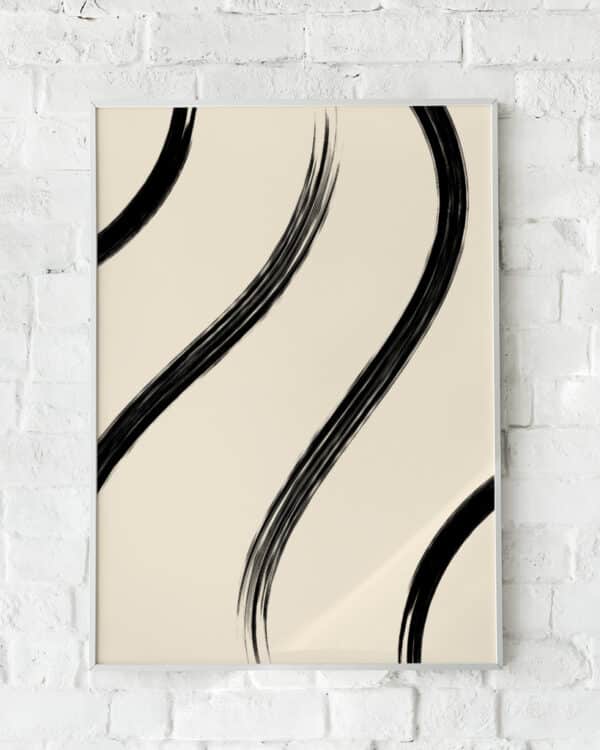 Minimalistisk plakat med sorte penselstrøg på beige baggrund – "Abstract Shapes No. 2". En kunstnerisk vægdekoration.