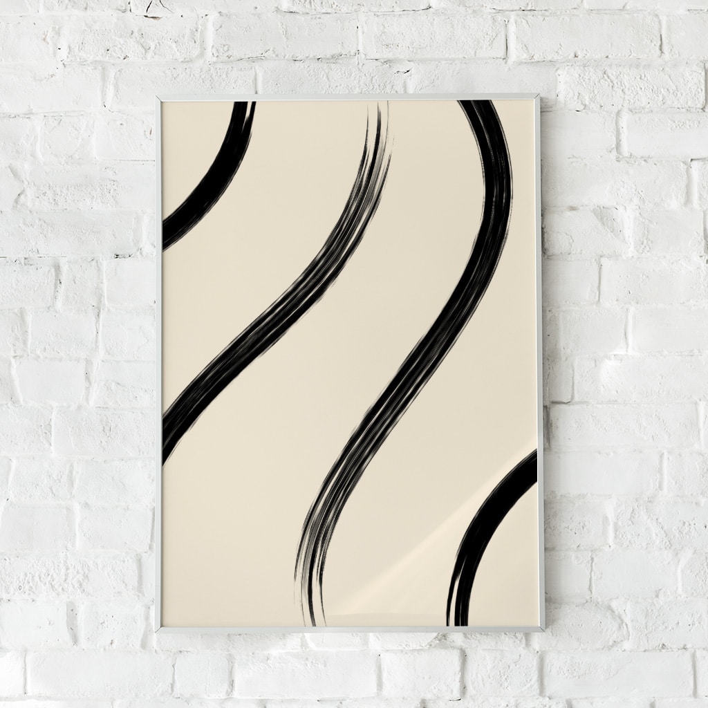Minimalistisk plakat med sorte penselstrøg på beige baggrund – "Abstract Shapes No. 2". En kunstnerisk vægdekoration.